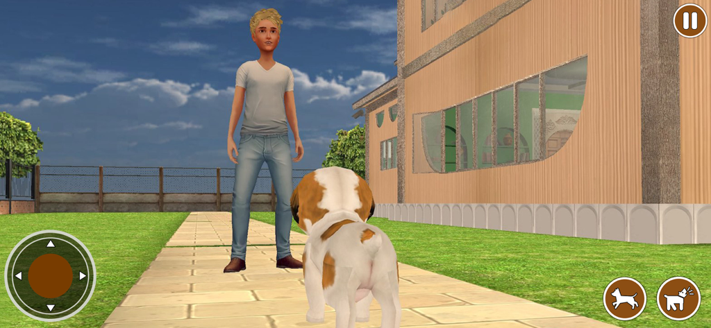 Un cachorro marrón y blanco de pie en un camino del jardín frente a su dueño en un juego de simulación 3D