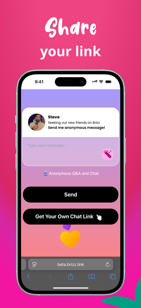 익명 메시지 프롬프트와 공유 링크 버튼이 표시되는 Brizz 앱 인터페이스를 보여주는 스마트폰 화면