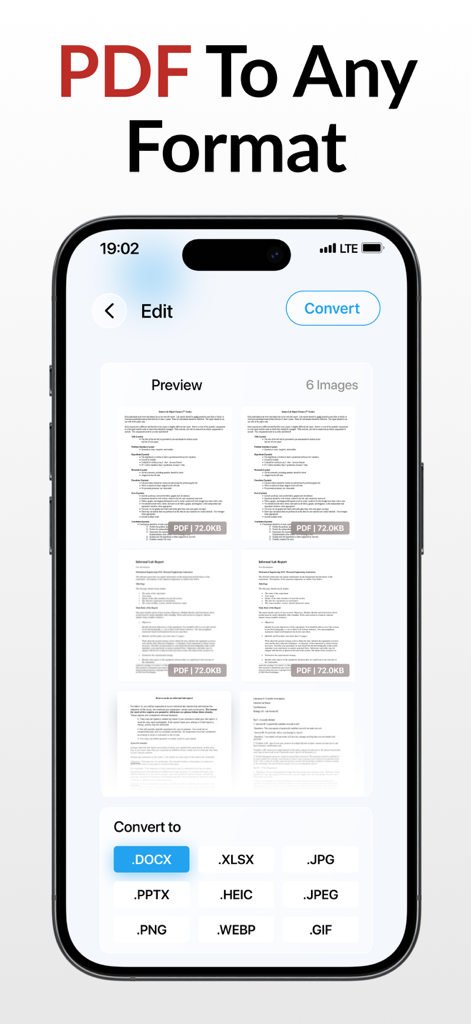 PDF Converter – Photos to PDF - Screenshot dell'iPhone che mostra un PDF in fase di conversione in formati come DOCX XLSX e JPG all'interno dell'app PDF Converter
