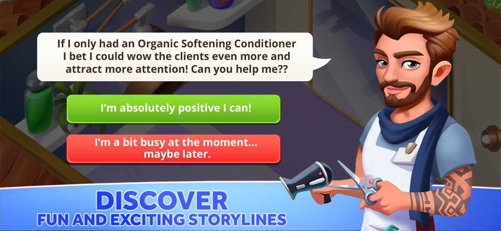 My Spa Resort - My Spa Resortの男性ヘアスタイリストキャラクターが、異なるストーリーラインの選択肢ボタンとともにプレイヤーにヘア製品を求めている