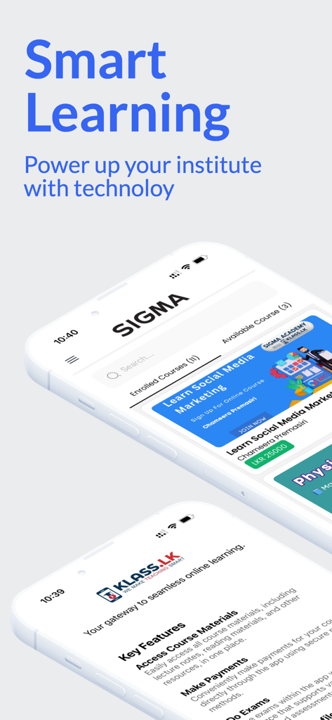Klass Student App - Interfaz de la aplicación móvil Klass Student App que muestra los cursos inscritos y las funciones educativas en dos smartphones