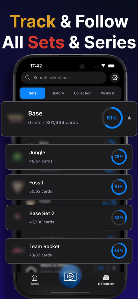 TCG Card Value Scanner: Arcane - A mobile interface of the TCG Arcane app showing a list of Pokemon card sets like Base, Jungle, and Fossil with circular progress bars indicating completion percentages.