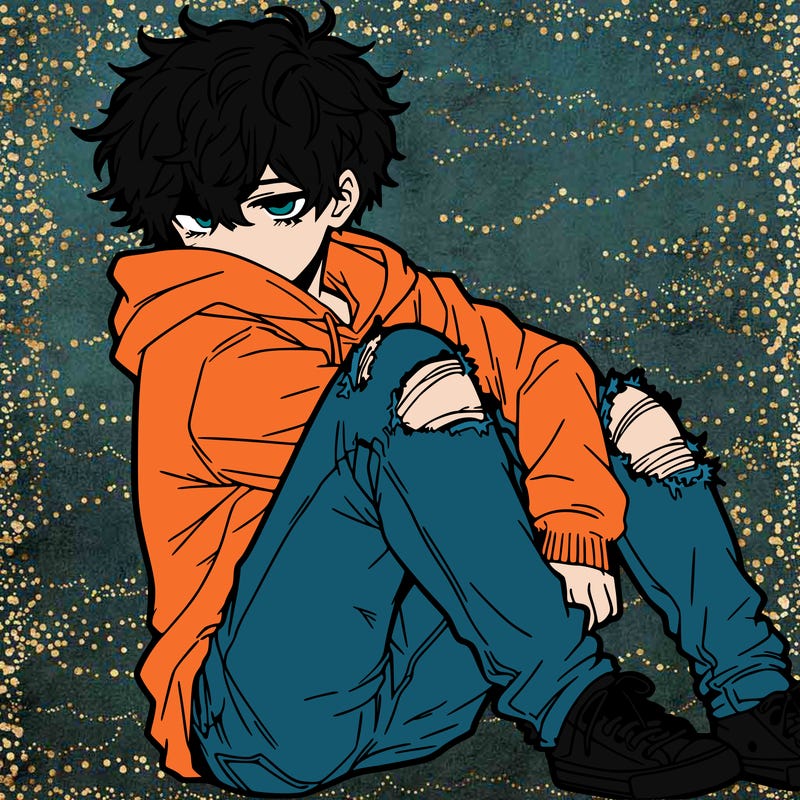 a male hoddie ripped jeans messy hair anime