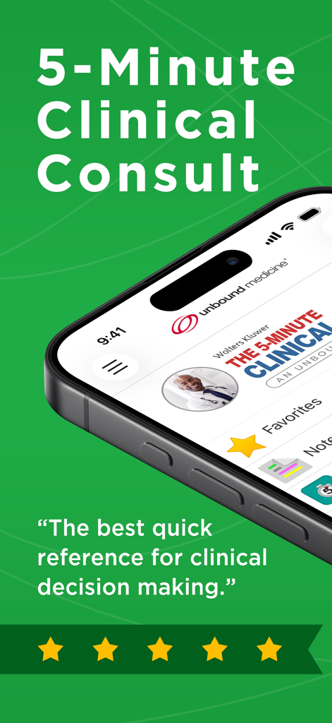 5 Minute Clinical Consult - Una captura de pantalla promocional para la aplicación móvil 5-Minute Clinical Consult que muestra su logotipo, un eslogan sobre la toma de decisiones clínicas y una calificación de 5 estrellas.