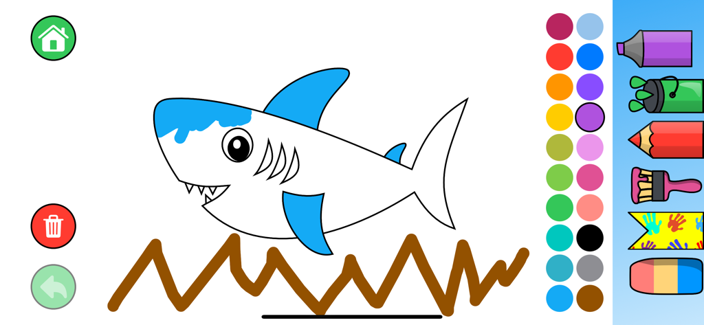 Eine digitale Malbuch-Oberfläche für Kleinkinder mit einem Cartoon-Hai und verschiedenen Zeichenwerkzeugen