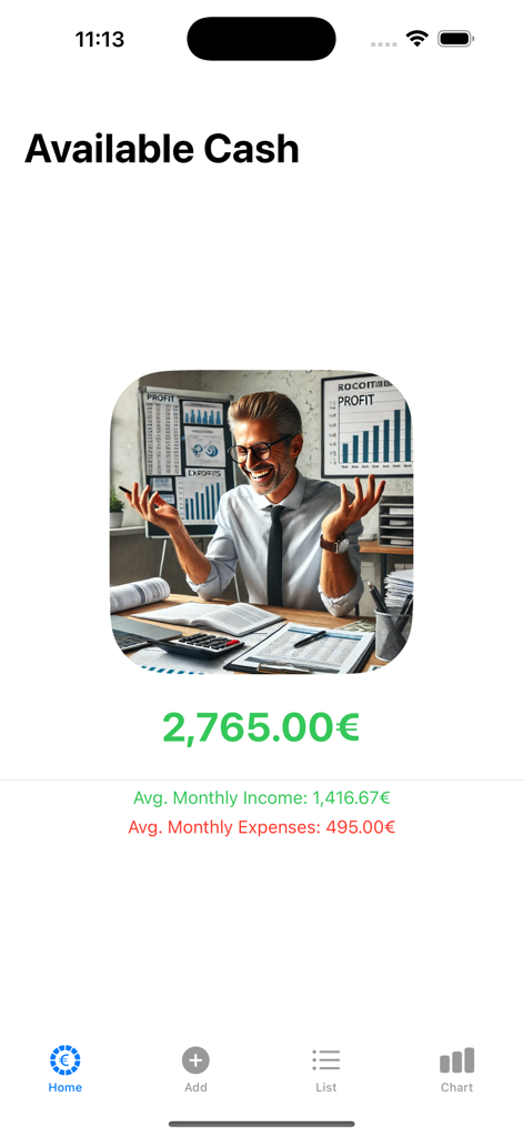 Pantalla de inicio de la aplicación Budget Flow mostrando el saldo de efectivo disponible y el resumen del presupuesto mensual