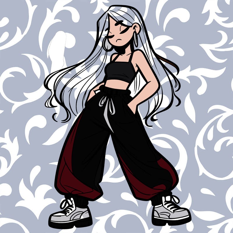 girl in baggy pants crop top and long hair