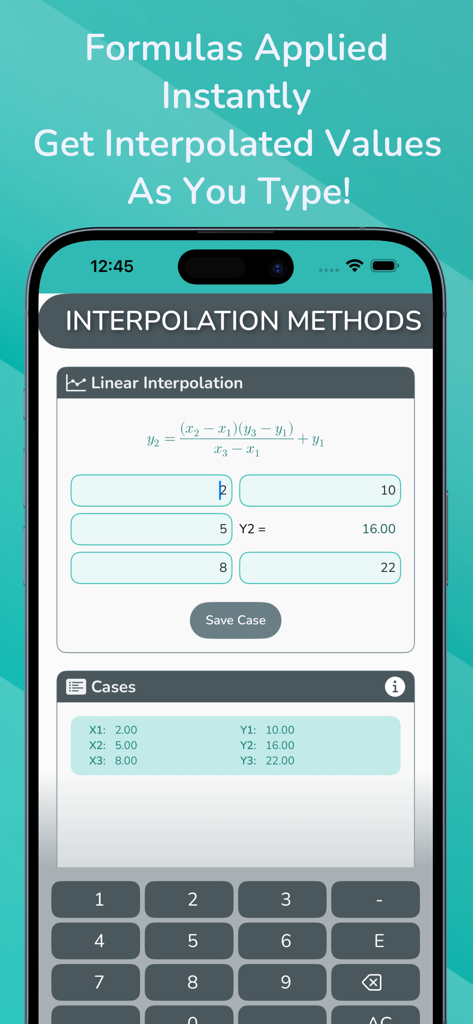 Bildschirm des linearen Interpolationsrechners mit mathematischer Formel und Eingabefeldern