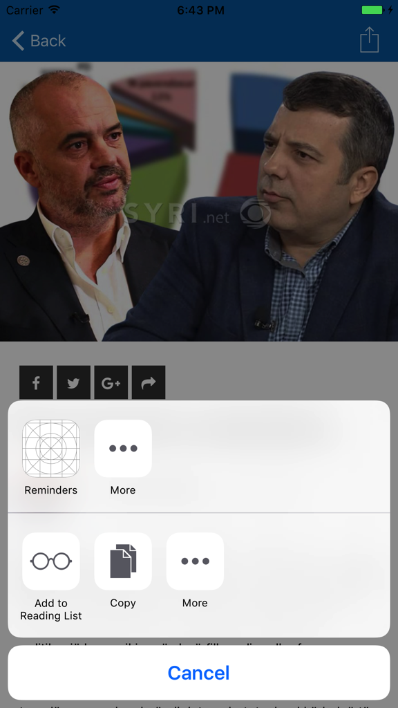 Syri - Interfaz de la aplicación de noticias Syri mostrando un video de noticias y el menú de compartir en un iPhone