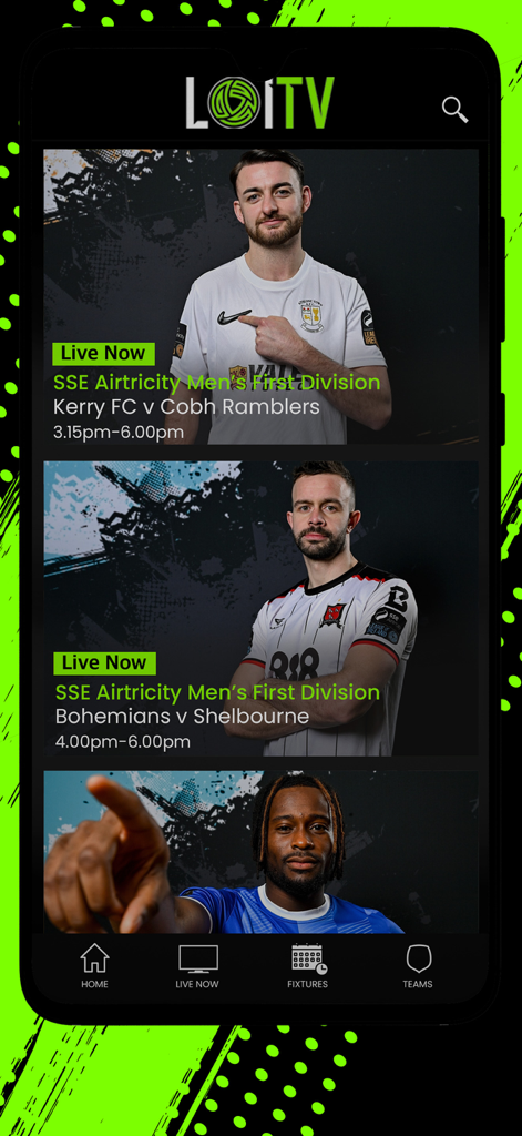 LOITV - LOITV mobile app interface showing live League of Ireland soccer matches and team fixtures.