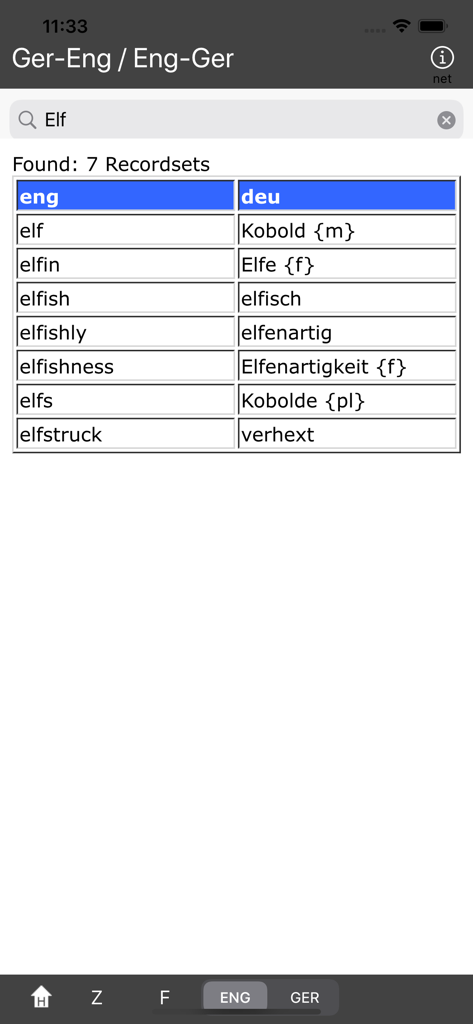 Ger/Eng - Eng/Ger - Screenshot of the German-English dictionary app showing a table of word search results for the term Elf