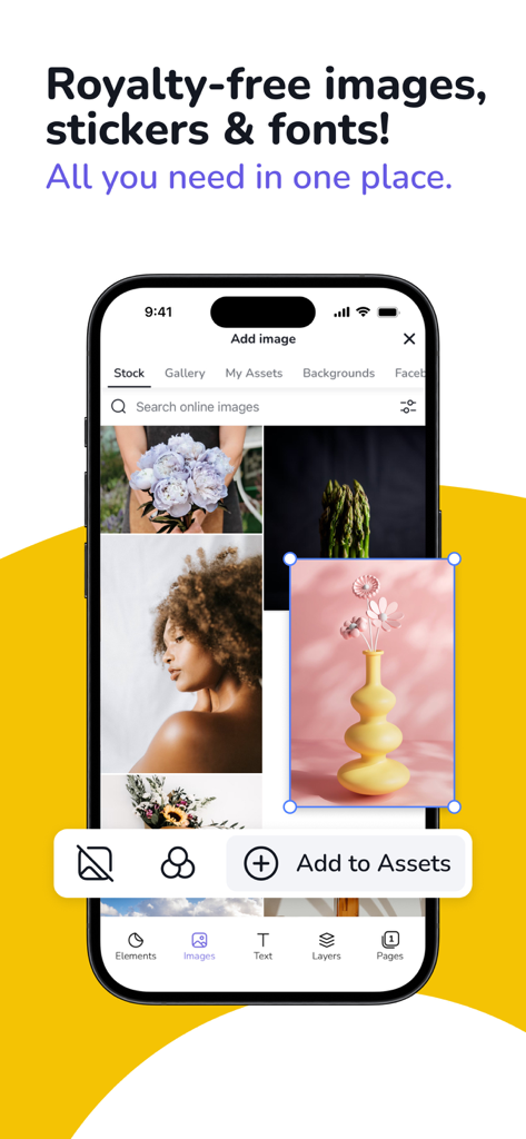 Interfaccia dell'app mobile che mostra immagini royalty-free e risorse stock per la progettazione di menu