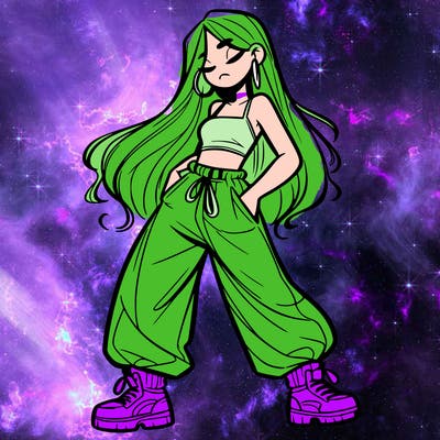 girl in baggy pants crop top and long hair