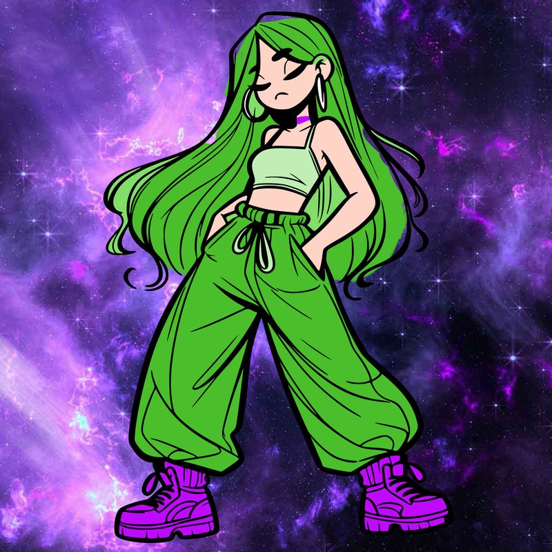 girl in baggy pants crop top and long hair