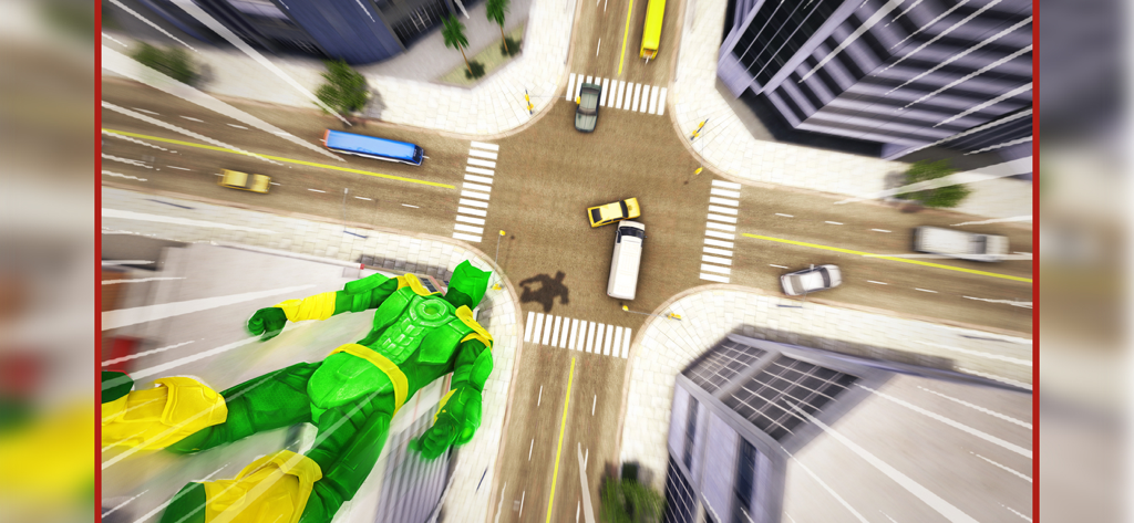 Superhero Fight:Mad City Story - A green superhero flying above a busy city intersection in a 3D open world game.