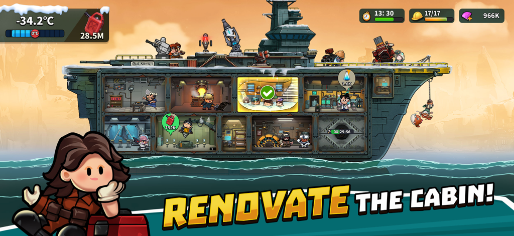 High Seas Hero - Cross-section of a survival ship showing cabin renovation and crew management in High Seas Hero.