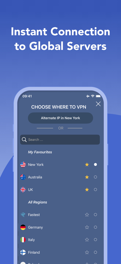 Onion Browser - Unlimited VPN - Tela do aplicativo Navegador Onion mostrando uma lista de locais de servidores VPN globais para conexão privada