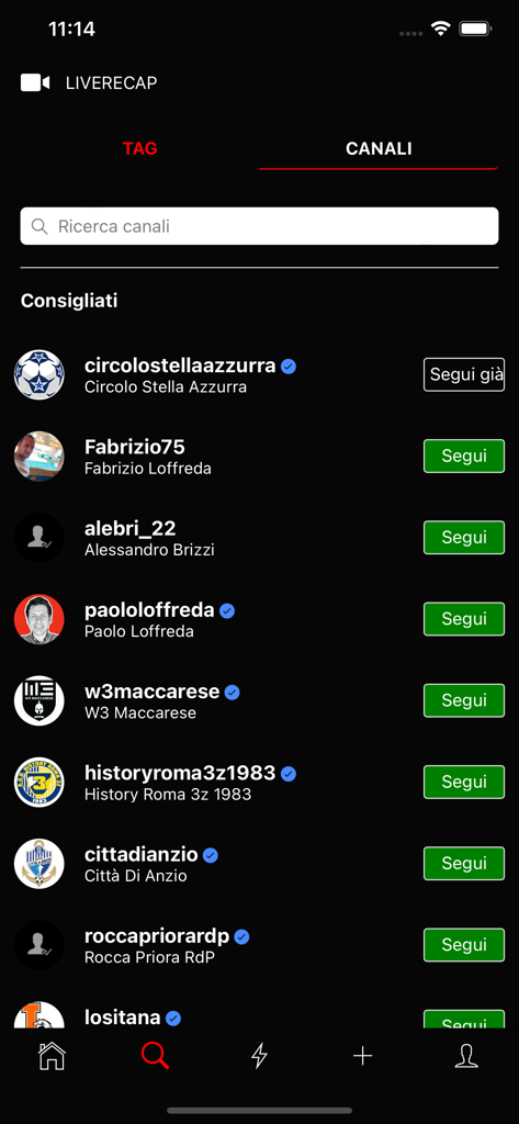 Liverecap - Pantalla de descubrimiento en la aplicación Liverecap que muestra una lista de canales deportivos y creadores recomendados para seguir.