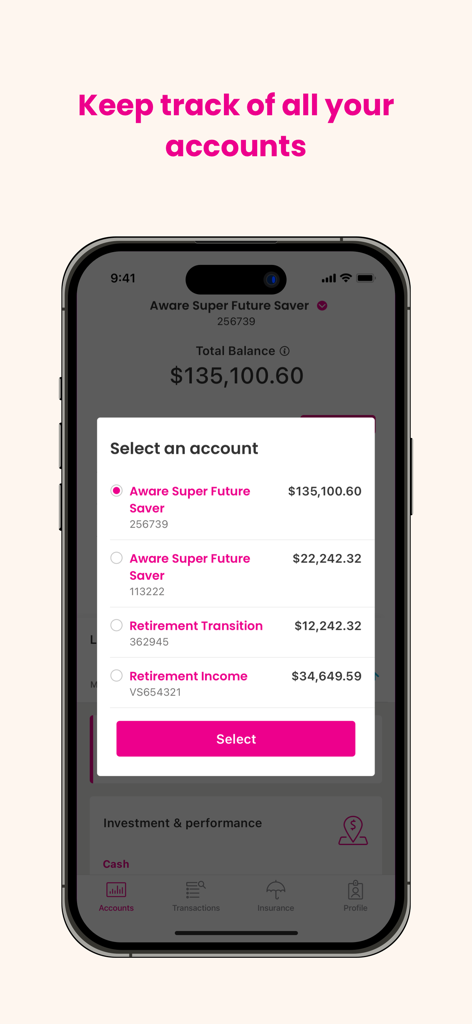 Aware Super - A mobile screen from the Aware Super app showing a selection menu for different superannuation and retirement accounts with their respective balances.