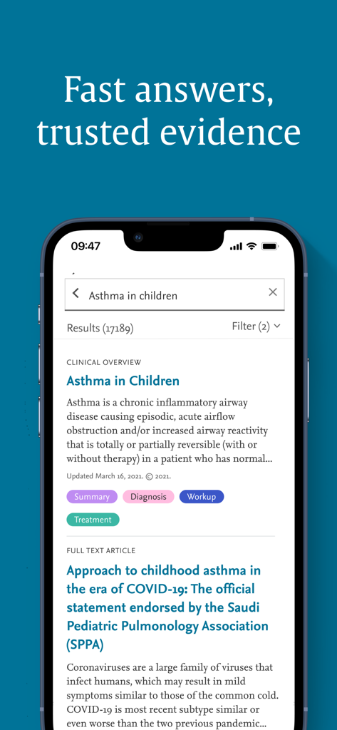 ClinicalKey - Mobile app screen showing medical search results for asthma in children with clinical overviews and full text articles