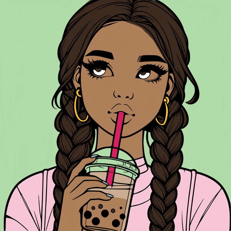 realistic girl with braided hair drinking boba
