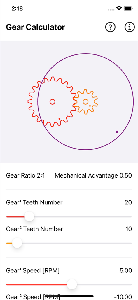 Gear Simulation & Calculation - Interface of the Gear Calculator app showing a mechanical simulation with gear ratio and teeth number adjustments