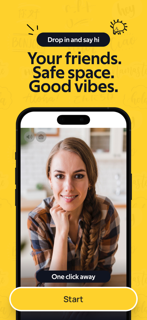 CR Video Chat - Pantalla de inicio de la aplicación CR Video Chat con una vista previa de videollamada y mensajes de seguridad