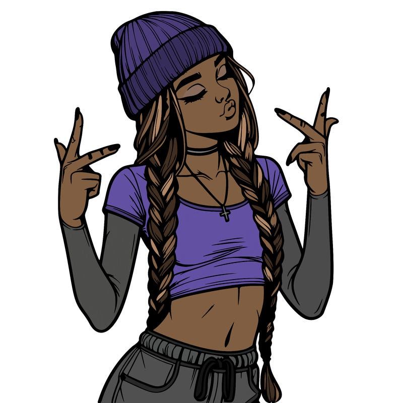 realistic teenage girl with braids and a beanie and crop top doing 🫶🏼