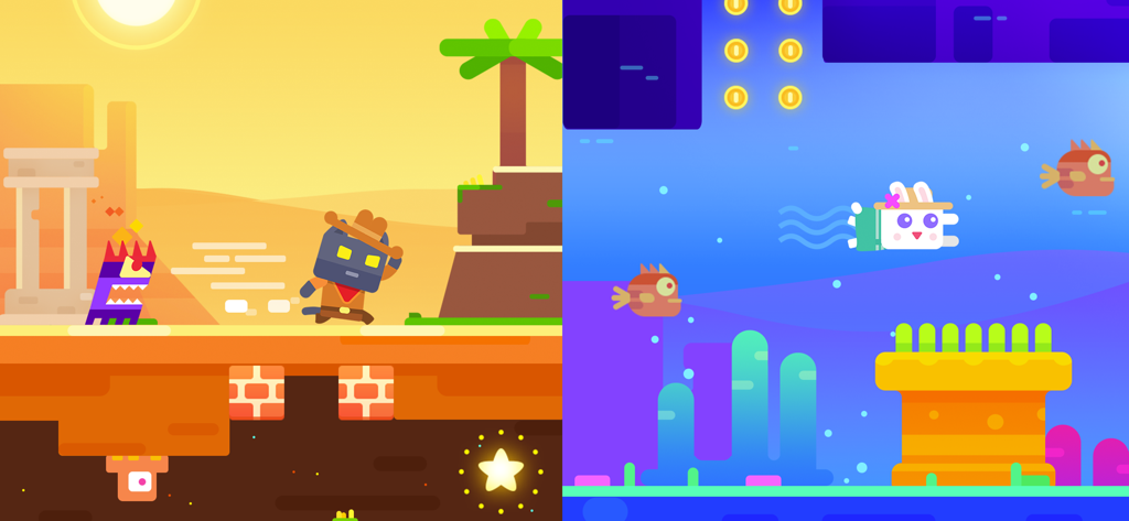 Super Phantom Cat 2 - Gameplay scenes from Super Phantom Cat 2 showing a cowboy character in a desert level and a white character swimming in an underwater level