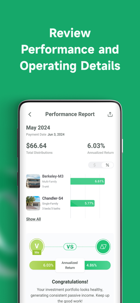 Ark7: Real Estate Investing - Ark7 app performance report showing monthly distribution totals and annualized investment returns.