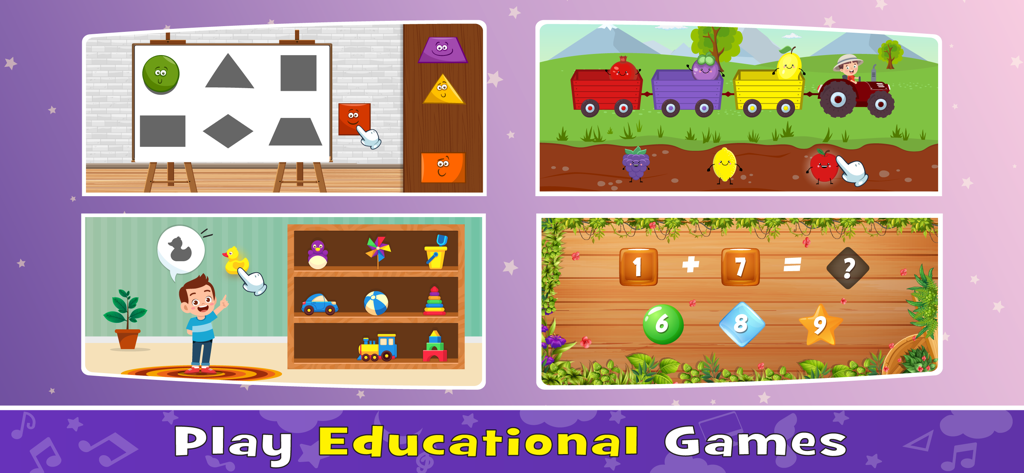 Baby Games: Learning English - Compilación de juegos educativos para niños pequeños con emparejamiento de formas, identificación de frutas, construcción de vocabulario y matemáticas básicas.