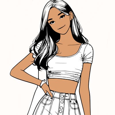 realistic pretty teenage girl in cropped top and skirt