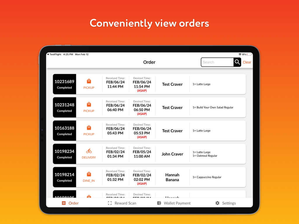 Craver Restaurant - iPad interface of Craver Restaurant app displaying a list of customer orders with details like status and pickup time