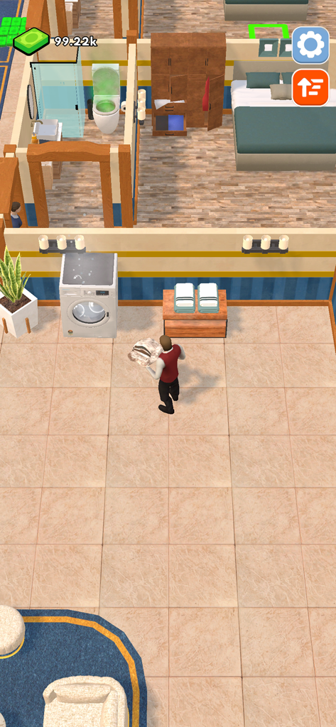 Hotel Manager: Resort Empire - Hotel staff carrying laundry in a resort management simulation game