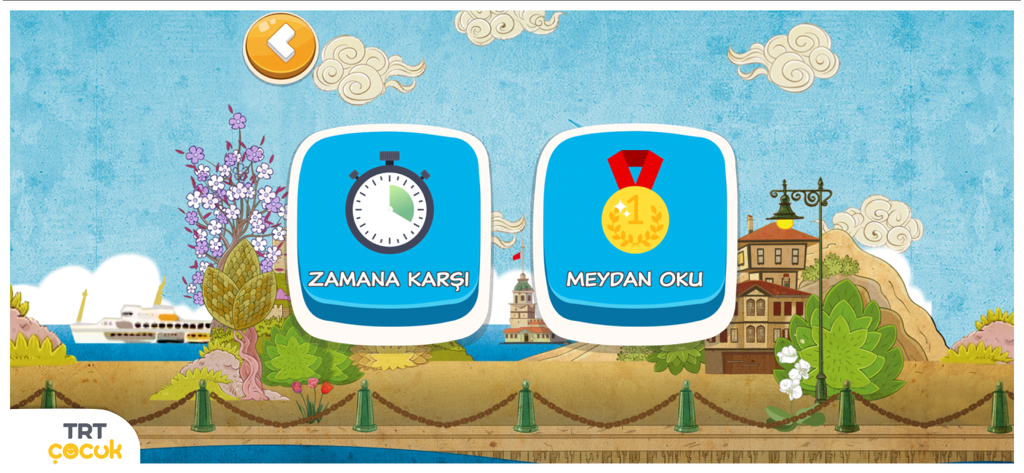 TRT Rüzgar Gülü - Main menu of TRT Ruzgar Gulu app showing two game modes race against time and challenge with an Istanbul themed background