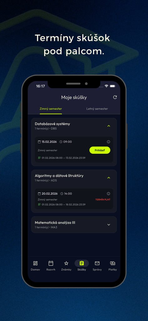 Tela do aplicativo Ajsik mostrando datas de inscrição para exames e botões de inscrição para cursos universitários
