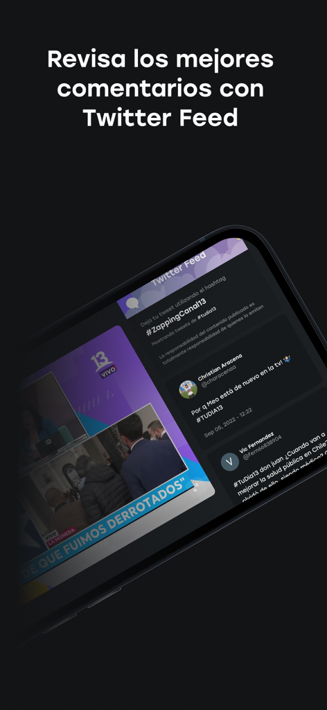 Interface de l'application Zapping montrant une diffusion TV en direct avec un panneau latéral de flux Twitter