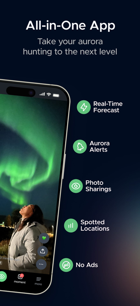 Hello Aurora - Aurora Forecast - Hello Aurora app screen showcasing real-time forecasts, alerts, and photo sharing features for northern lights hunters