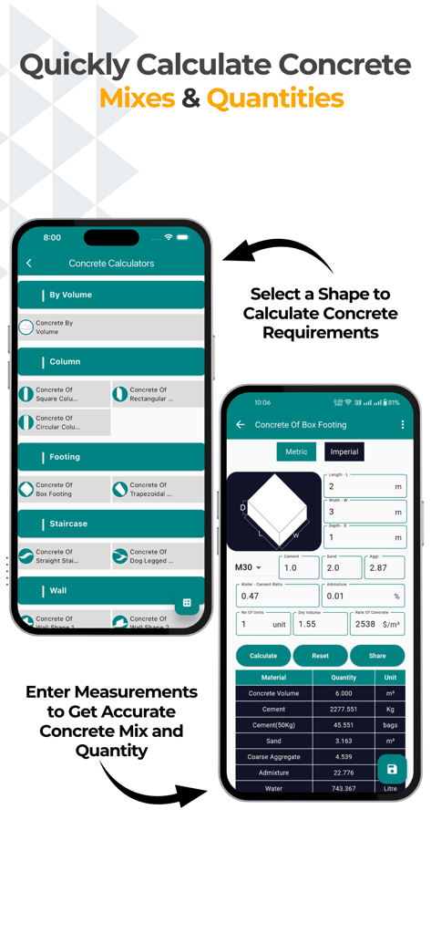 Construction Calculator A1 Pro - Mobile app interface showing concrete mix and quantity calculations for construction shapes like footings and columns