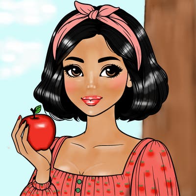 a woman with medium short hair, wearing a headband with a small bow, carrying an apple in her hand, realistic
