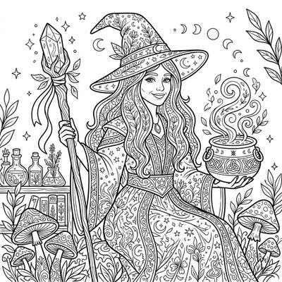 Explore a world of benevolent magic with this beautifully intricate good witch coloring page designed for adults. Featuring detailed patterns and mystical elements, it's perfect for relaxation and creative expression.
