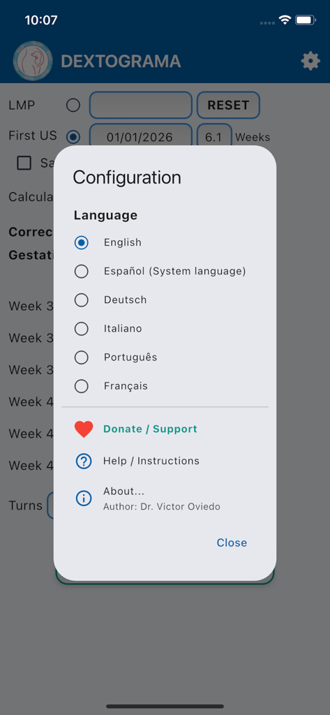 Dextograma - Pantalla de configuración de la aplicación Dextograma que muestra opciones de selección de idioma, incluyendo inglés, español y francés.