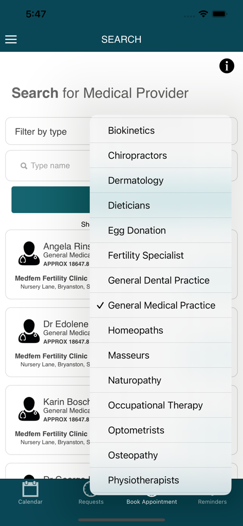 LifeData - Mobile app screen showing a search interface with a dropdown menu to filter medical providers by specialty