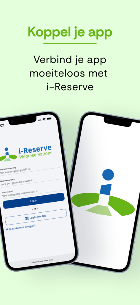 i-Reserve scanner - Login screen of the i-Reserve scanner app showing options to connect via credentials or QR code.