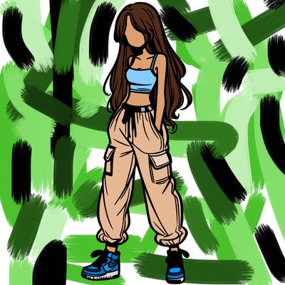 girl in baggy pants crop top and long hair