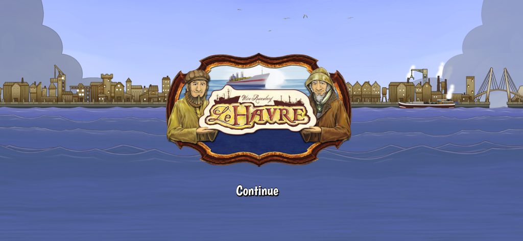 Title screen of the Le Havre The Inland Port digital board game featuring two harbor workers and a nautical logo against a coastal city background.