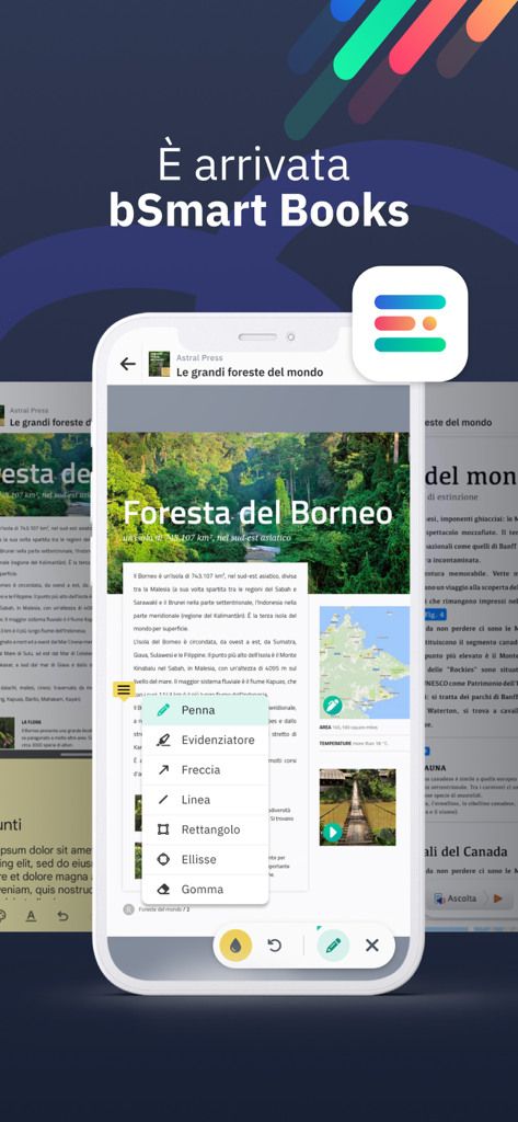 bSmart Books 앱이 펜과 하이라이터와 같은 필기 도구 메뉴가 열린 디지털 교과서를 표시하고 있습니다.