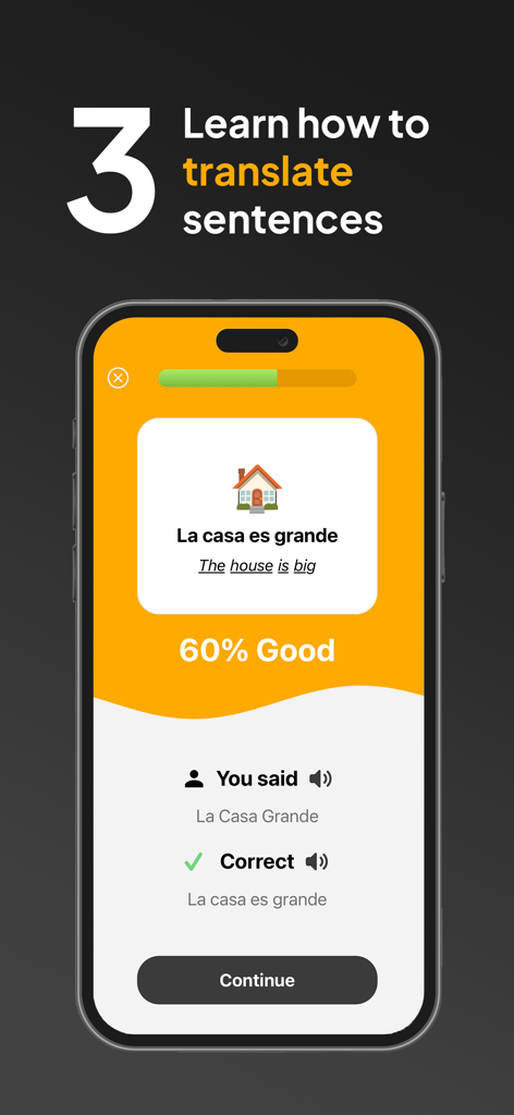 LangAI app screen showing a Spanish sentence translation exercise with AI feedback on pronunciation and accuracy.