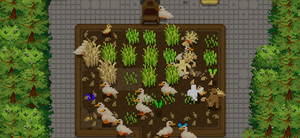 Tiny Terraces - Vista dall'alto in pixel art di piccoli aiutanti e anatre che si occupano di un appezzamento di giardino in Tiny Terraces