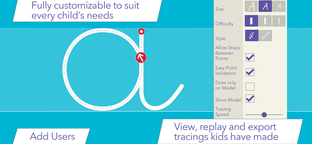 Cursive writing app interface showing a letter tracing and customization options for students